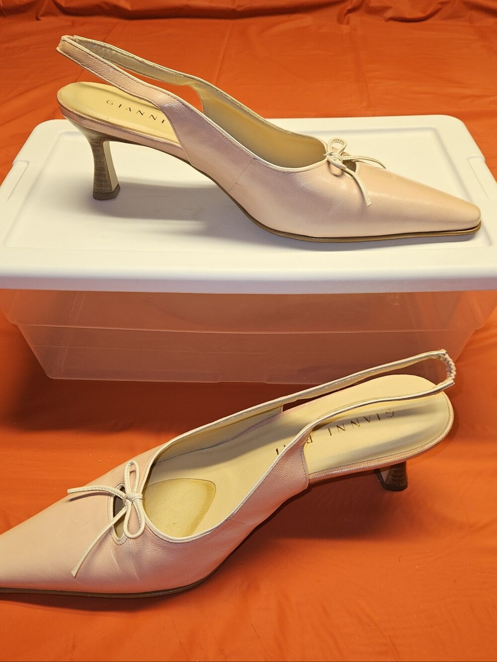 Gianni Bini Blush Pink w/White Tied Bow Pointed Slingback Kitten Heels 7.5 GUC